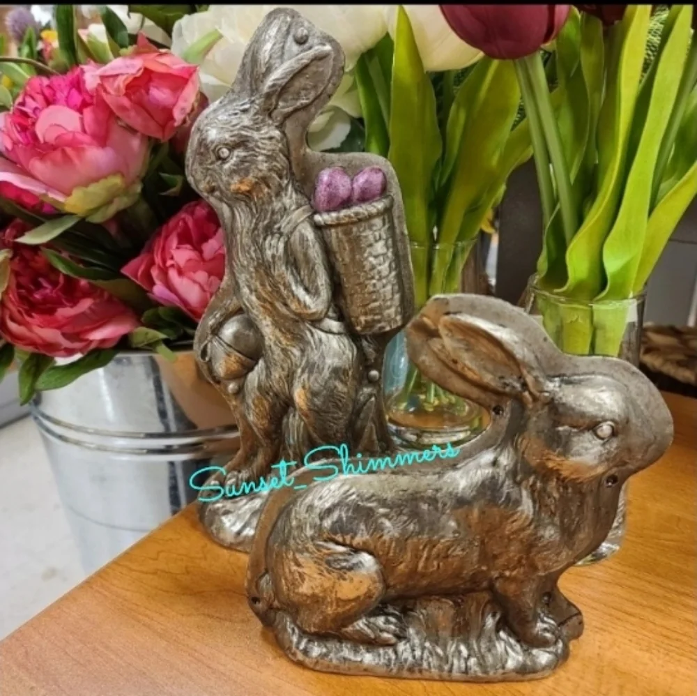Vintage Antique Style Bunny Rabbit Faux Chocolate Tin Mold Silver Easter Spring